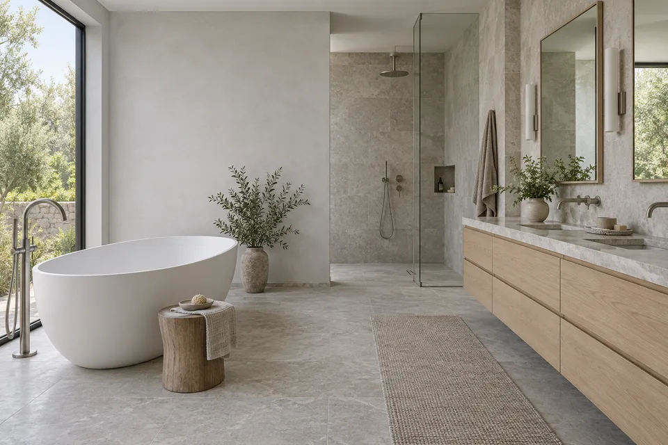 Bathroom concept with a freestanding tub and floating vanity