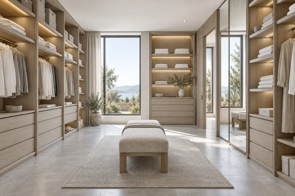 Closet concept with open wardrobes and illuminated shelving