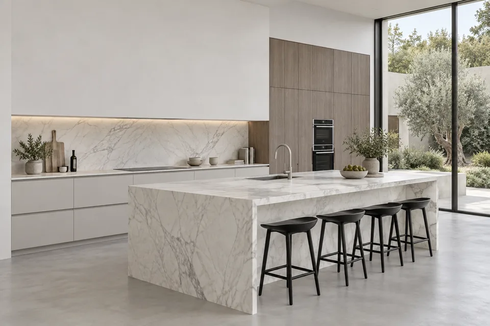 Kitchen concept with a sculptural marble island
