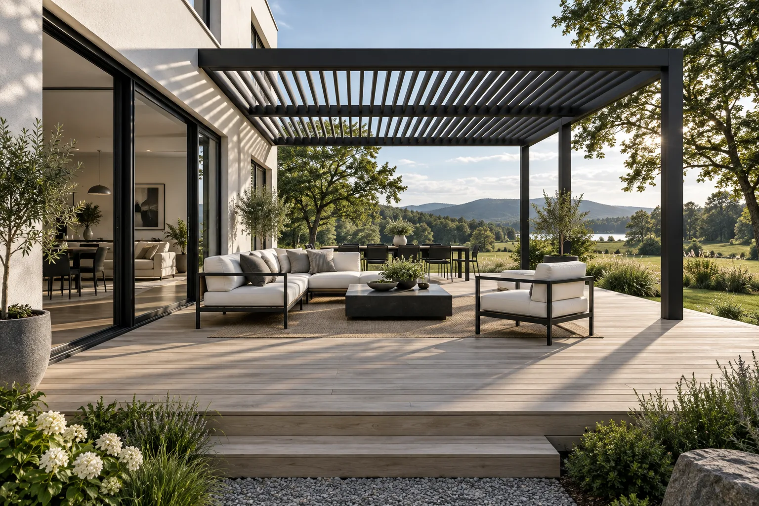 AI outdoor living concept with a timber deck, open pergola and garden-facing seating