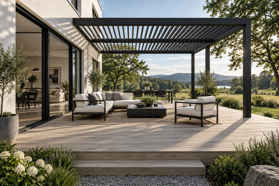 Outdoor living concept with a timber deck and open pergola
